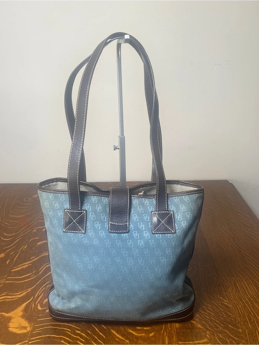 Dooney & Bourke Blue Logo Canvas Tote with Dark Brown Leather Trim Y2K Purse.